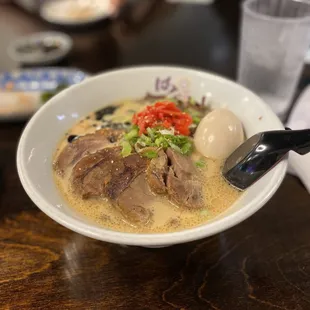 Beautifully and scrumptiously presented is the Tonkatsu Ramen. Super flavorful broth and toppings!