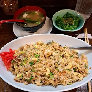 Fried rice, miso soup, and seaweed salad