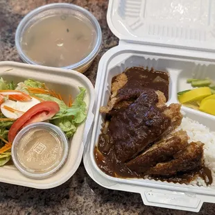 Curry rice with pork cutlet, miso soup, and salad