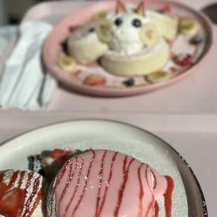 Matcha (top) the matcha sauce comes on the side but they add a cute little face to the pancakes