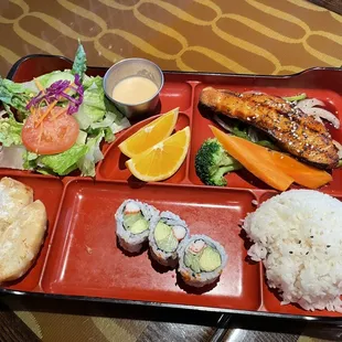 Grilled Teriyaki Salmon Lunch Box  Umm where&apos;s the wasabi and ginger???