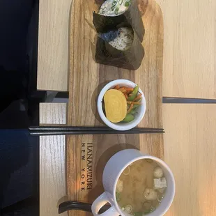 two onigiri, seasonal side and miso soup combo