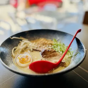 Build your own ramen (tonkatsu with char siu, thin ramen, egg, and green onions)