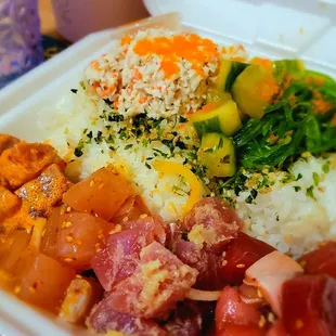 a meal in a styrofoam container