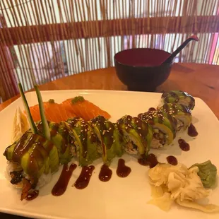 Caterpillar roll, salmon nigiri, miso soup