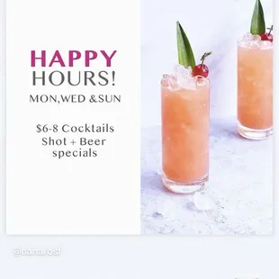 Happy hour Mon,Wed,&amp; Sun