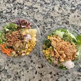 Steak and chicken poke bowl, spicy tuna and chicken poke bowl