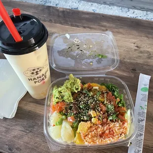 poke bowl with mango milk tea