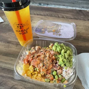 poke bowl with Passion Mango tea