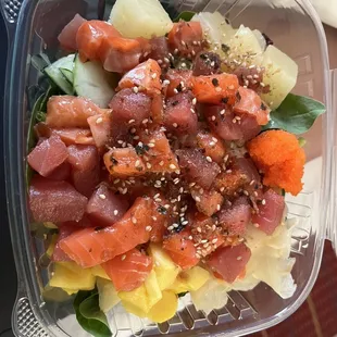 Hanaya bowl- replaced onion and edamame and onions for ginger and mango! Best bowl I have ever had!