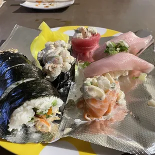 Shrimp Tempura Roll, scallop sushi, yellowtail sushi