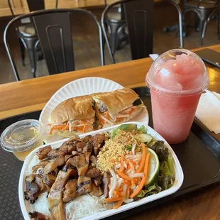 Grilled Pork Sandwich, Grilled Chicken Vermicelli, Fresh Watermelon Slushie