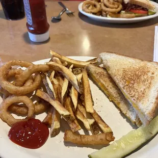 Grilled cheese, fresh cut fries, onion rings. Junior club on the back plate.
