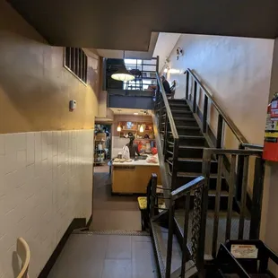 a staircase leading to a restaurant