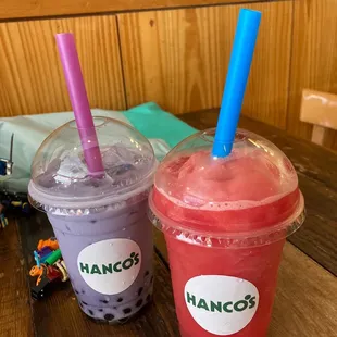 Taro bubble tea and watermelon slushees.