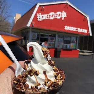 a hand holding an ice cream sundae