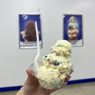a hand holding a cup of ice cream