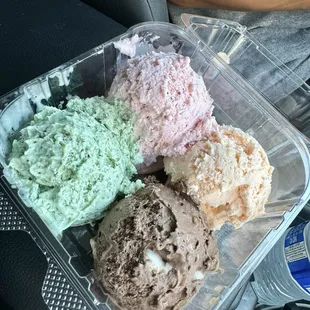 Mint, Rocky road, Strawberry and Peach