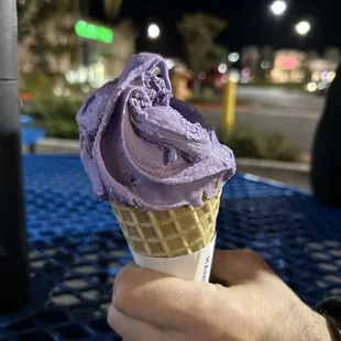 Taro ice cream on waffle cone