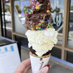 Medium-size of the Confetti brownie batter (new monthly flavor!) and Banana cream pie in a chocolate dipped waffle cone :)