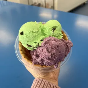 a hand holding a bowl of ice cream