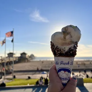 Peppermint chip ice cream in a chocolate peanut cone