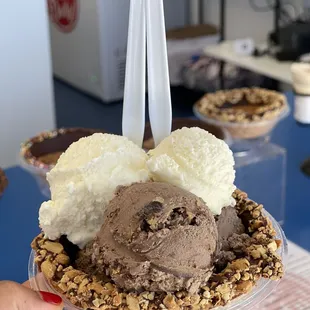 a hand holding a bowl of ice cream