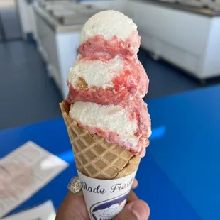 Strawberry Cheesecake Chunk w/ waffle cone (small scoop but its really not that small)