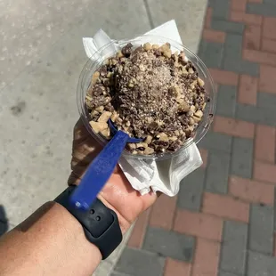 Peanut butter chocolate, brownie with caramel and hot fudge syrup plus some toffee bits