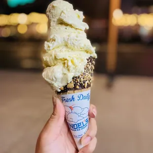 Banana Cream Pie Ice Cream in a chocolate dipped waffle cone with nuts.  SO GOOD.