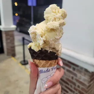 Banana Cream Pie Ice Cream in a Dipped Waffle Cone