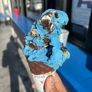 Blue Monster in a chocolate dipped cone