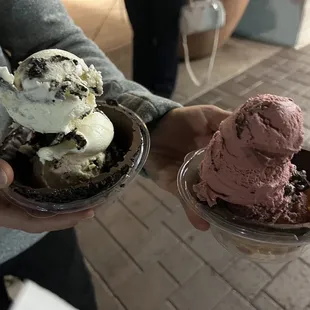 Black raspberry chunk and Oreo dough in waffle bowls