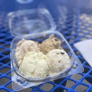 4 scoop sampler; buckeye, coffee chocolate chip, cinnamon roll, cookie dough