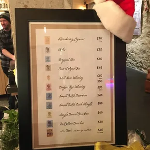 Tasting list--$3 for 1 sample and $10 for 4 samples.