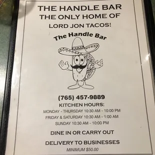the menu for the handle bar