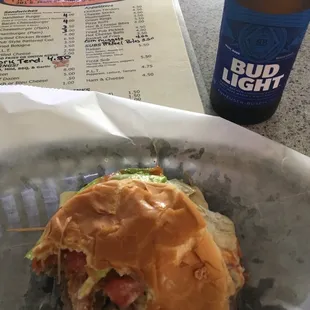 a sandwich and a beer