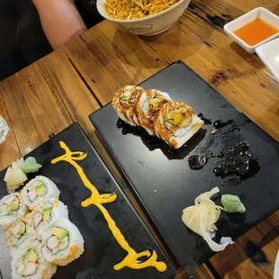 Shrimp tempura, California roll and chicken pad thai.