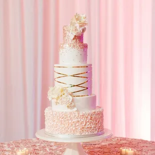 Pink Sequin and Ruffle Wedding Cake by Hands on Sweets at Sand Pearl Hotel Clearwater Beach, FL
