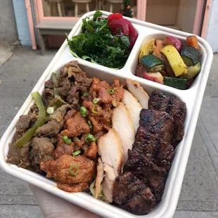 Handsome Rice  Handsome Rice signature dish. Meat Lover (Bulgogi, Spicy Pork, Chicken, Galbi)