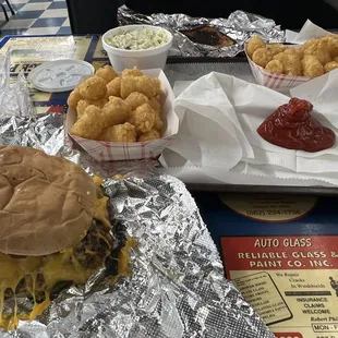 Double cheese burger, tater tots, Cole slaw, grilled cheese
