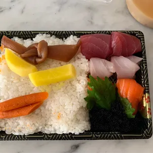 $16 lunch chirashi comes w whopping SIX tiny pieces of fish rolled to appear bigger??  What a scam.