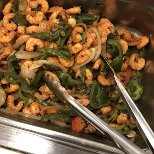 shrimp and vegetables in a serving dish