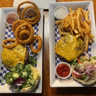 Regular Cheese Burger with fries and Tex Mex Burger with onion rings