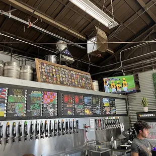 Inside, large selection of beer on tap