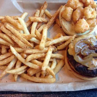 Beer burger with fries