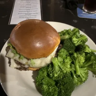 Mushroom and Swiss veggie patty and broccoli
