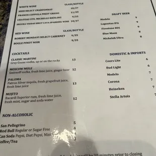 Drink menu