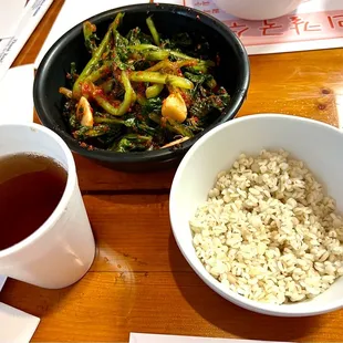 Barley rice and YulMoo (radish greens) kimchi  comes complimentary to have together as an appetizer.  Roasted barley tea. 5*