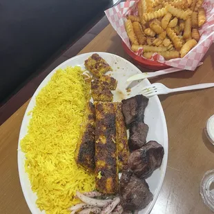 Chicken kafta kebab and beef tikka with yellow rice and a side of fries instead of hummus